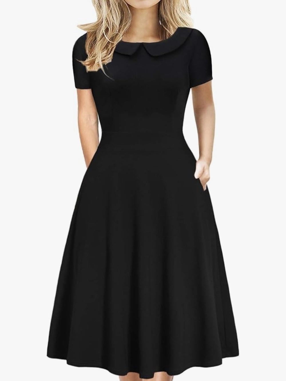 Classic Black Fit-and-Flare Dress with Peter Pan Collar Large